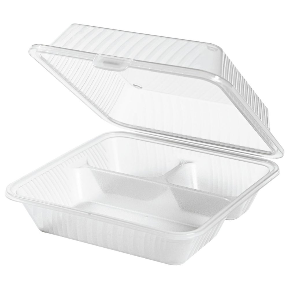 Contacto Mehrweg-Menübehälter Eco-Takeout dreigeteilt, hoher Deckel; 23x23x9 cm (LxBxH); transparent; quadratisch; 12 Stück / Pack