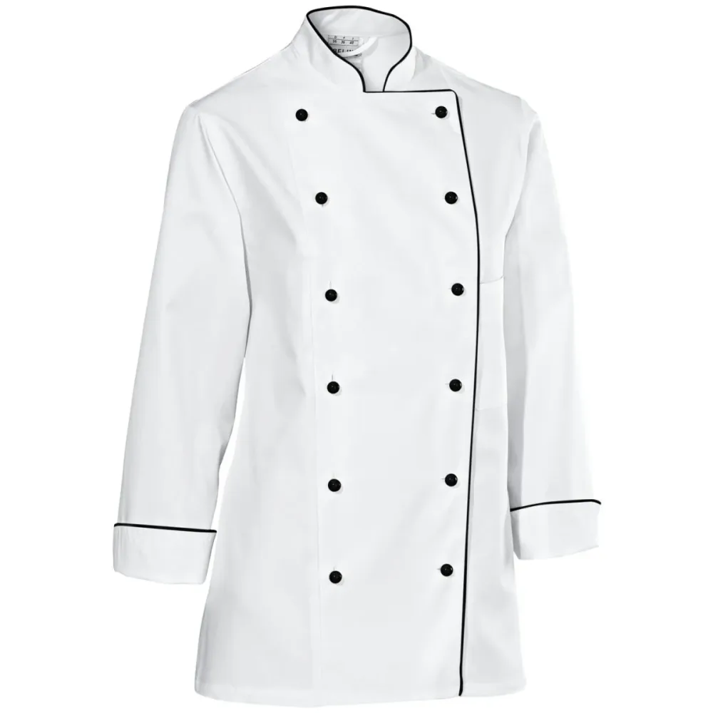 JOBELINE Damenkochjacke Premium Chef Langarm farbige Paspel; Kleidergrösse 46; weiss/schwarz