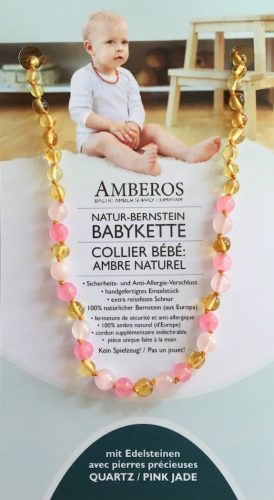 AMBEROS Natur Bernsteinkette mit Edelstahl Quarz / Pink Jade (1 Stk)