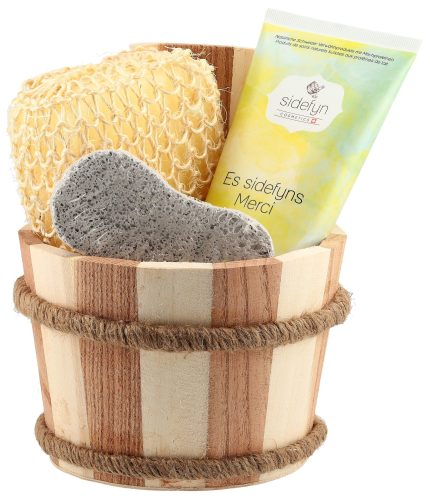 sidefyn Geschenkset Holzkübel mit Duschcreme, Es sidefyns Merci (4-teilig)