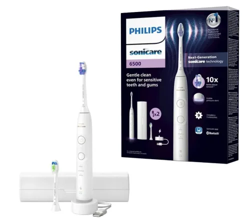Philips Sonicare, Philips Sonicare Elektrische Zahnbürste "Series 6500 HX7410/02" 2 Stk. Aufsteckbürsten mit Andruckkontrolle, 3 Intensitätsstufen, inkl. Ladegerät, Reiseetui