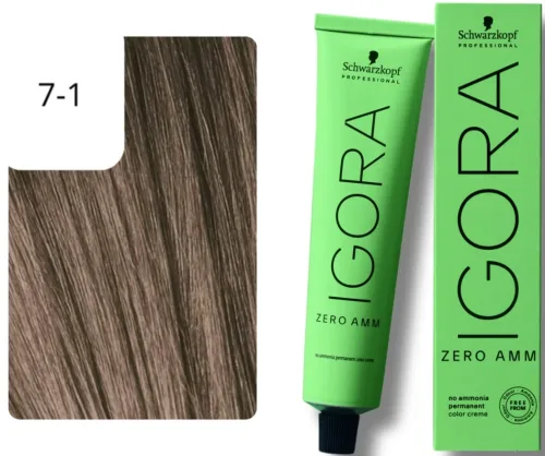 Schwarzkopf Professional, Schwarzkopf Professional Igora Zero Amm 7-1 Medium Blonde Cendré 60ml