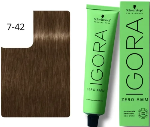 Schwarzkopf Professional, Schwarzkopf Professional Igora Zero Amm 7-42 Medium Blonde Beige Ash 60ml