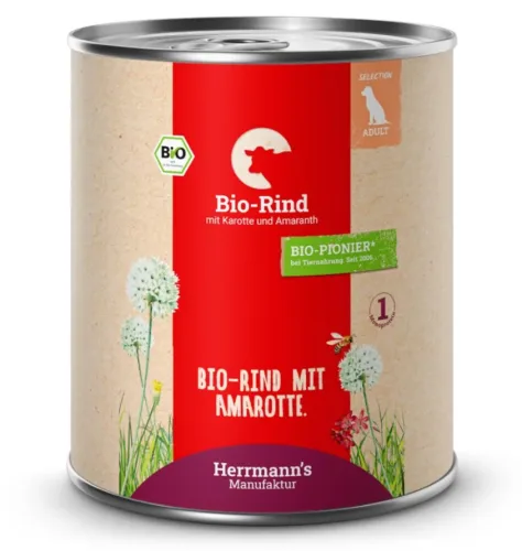 Herrmann's Bio Rind mit Karotten und Amaranth, Nassfutter für Hunde (800g)