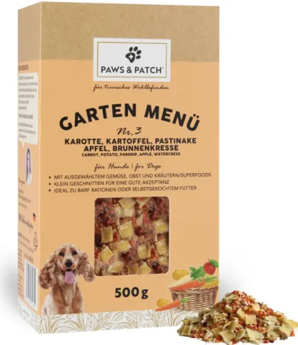 Paws & Patch Garten Menü 3 - Karotte, Kartoffel, Pastinake, Apfel, Brunnenkresse - Hundefutter (500g)