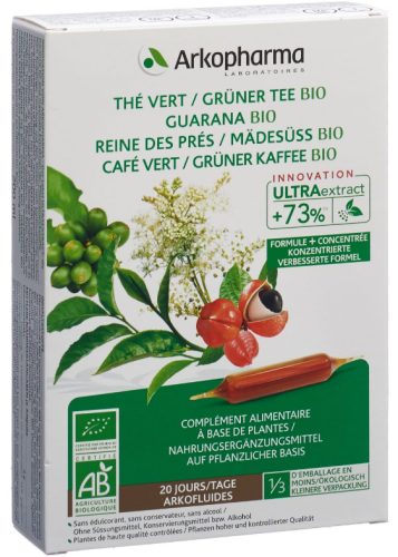 ARKOFLUIDE Grüner Tee-Grüner Kaffee-Guarana-Mädesüss Bio Trinkampullen (20 Stk)