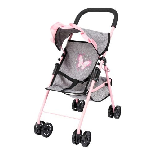 Bayer Puppenbuggy »grau/rosa«, (Set), mit Puppenbett, Wickeltasche, Geschirr, Flasche, Latz und Spielbogen