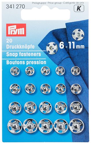 Prym, Prym Ann&auml;hdruckkn&ouml;pfe, silber, nickelfrei 6-11 mm, Karte 20 St&uuml;ck