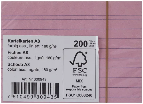 Karteikarten A8 liniert farbig 180g 200 Blatt