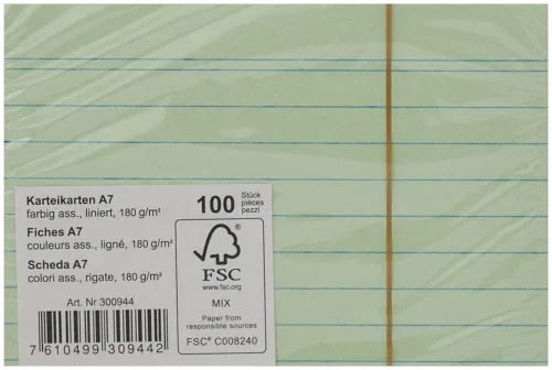 Karteikarten A7 liniert farbig 100 Blatt