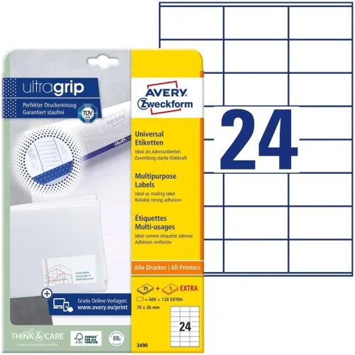 AVERY Zweckform, AVERY ZWECKFORM Universal-Etiketten 70x36mm 3490 weiss 720 Stk./25 + 5 Blatt