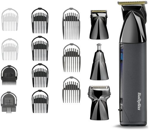 Babyliss, BaByliss Multifunktionstrimmer "BaByliss Super-X Metal 15-in-1 Multitrimmer für Bart & Körper, MT991E" 4 Aufsätze Titan-Klinge, 15 Aufsätze und Kammführungen, USB-Ladestation, kabellos