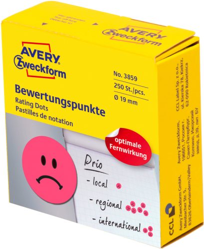 AVERY ZWECKFORM Bewertungspunkte Gesicht 19mm 3859 rot, Spender 250 St&uuml;ck