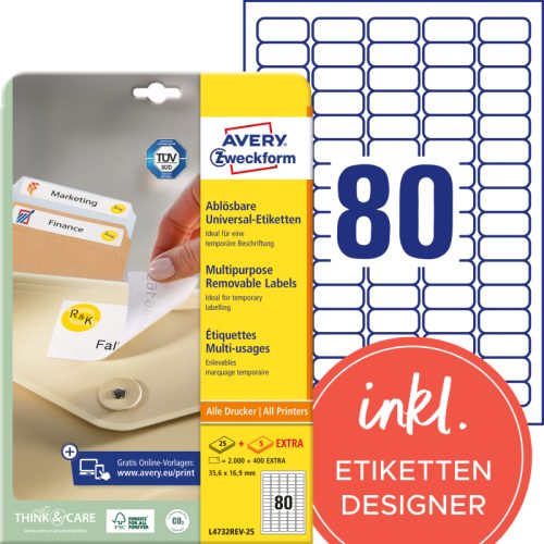 AVERY ZWECKFORM Universal-Etikett. 35.6x16.9mm L4732REV-25 weiss 2400 Stk./25 + 5 Blatt