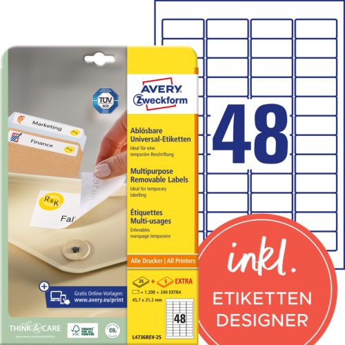 AVERY ZWECKFORM Etikett.Stick&Lift 45.7x21.2mm L4736REV-25 weiss 1440 Stk./25 + 5 Blatt