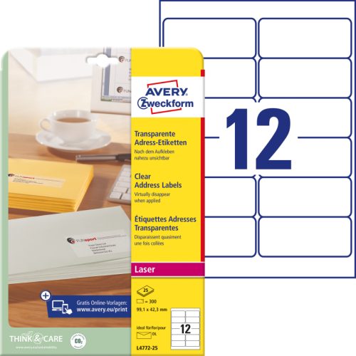 AVERY ZWECKFORM Adressetiketten 99,1x42,3mm L4772-25 Laser, transp. 300Stk./25Bl.