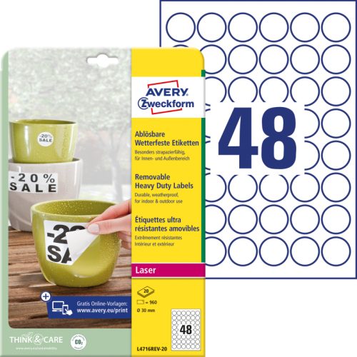 AVERY ZWECKFORM Etiketten Laser 30mm L4716REV2 weiss, non-perm. 20 Blatt