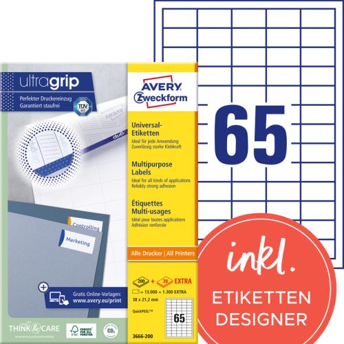 AVERY ZWECKFORM Etiketten 38x21,2mm 3666-200 weiss 14300 Stk./200+20 Blatt