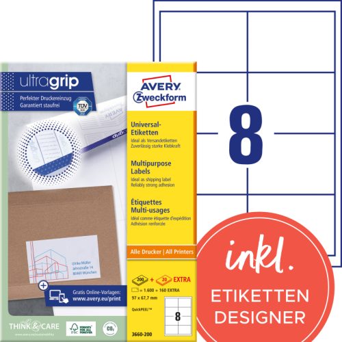 AVERY ZWECKFORM Etiketten 97&times;67,7mm 3660-200 weiss 1760 Stk./200+20 Blatt