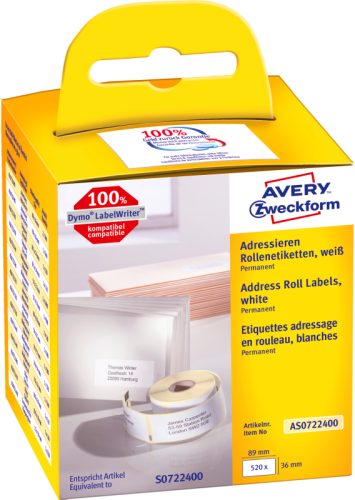 AVERY ZWECKFORM Adress-Etiketten 89x36mm AS0722400 weiss, Rolle 2x260 St&uuml;ck