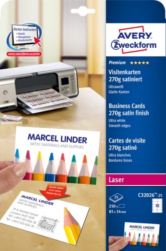 AVERY ZWECKFORM Visitenkarten 85x54mm/A4 C32026-25 weiss, 270g 250 St&uuml;ck