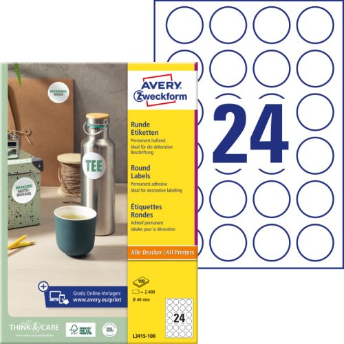 AVERY ZWECKFORM Etiketten 40mm L3415-100 weiss 2400 St&uuml;ck
