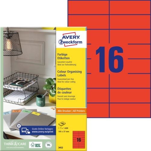 AVERY ZWECKFORM Etiketten 105&times;37mm 3452 rot 1600 St&uuml;ck