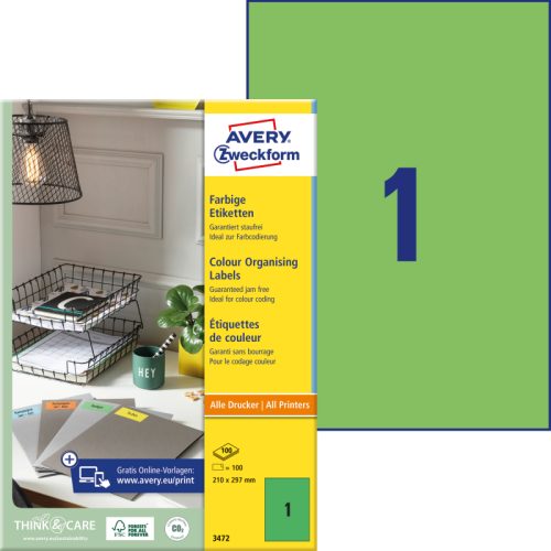 AVERY ZWECKFORM Etiketten A4 3472 gr&uuml;n 100 St&uuml;ck