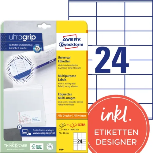 AVERY ZWECKFORM Universal-Etiketten 70x36mm 3490 weiss 720 Stk./25 + 5 Blatt