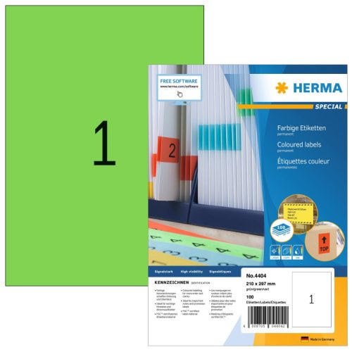HERMA Etiketten SPECIAL 210x297mm 4404 gr&uuml;n,perm. 100 St./100 Bl.