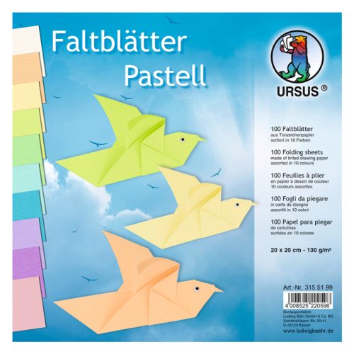 URSUS Faltbl&auml;tter Origami 20&times;20cm 3155199 Pastell-Farben ass. 100 Blatt