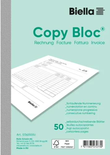 BIELLA Rechnung COPY-BLOC D/F A6 513625.00 selbstdurchschreib. 50x2 Blatt