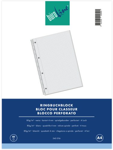 B&Uuml;ROLINE Ringbuchblock A4 545016 kariert, 4mm, 80g 80 Blatt