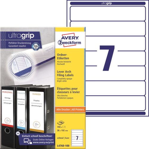 AVERY ZWECKFORM Ordner-Etiketten 192x38mm L4760-100 weiss 700 St&uuml;ck/100 Blatt