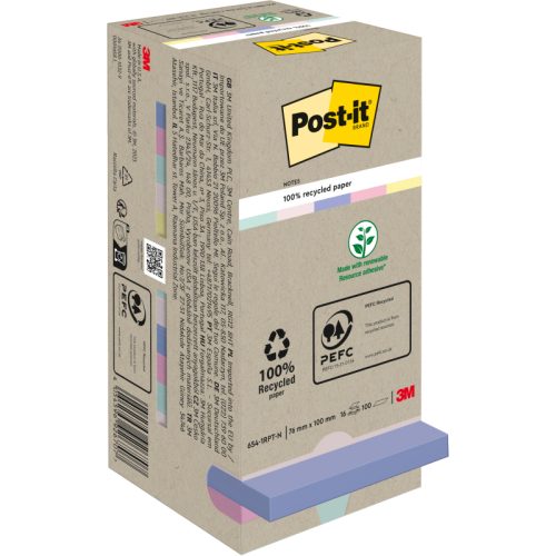 POST-IT Haftnotizen Recycling 76x76mm 654-1RPT 4-farbig, 16x100 Blatt
