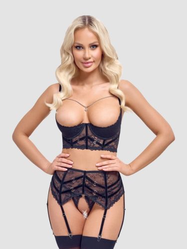 Cottelli Black Strappy & Lace Detail Crotchless Bra Set (Medium), Medium - Amorana