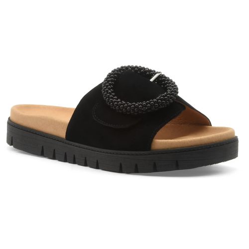 Gabor, Gabor Pantolette, Plateau, Sommerschuh, Schlappen mit Zierperlen an der Zierschnalle