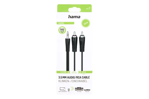Hama, Hama -  Kabel Audio 3,5-2x RCA Schwarz 1,5m, 1,5 Meter