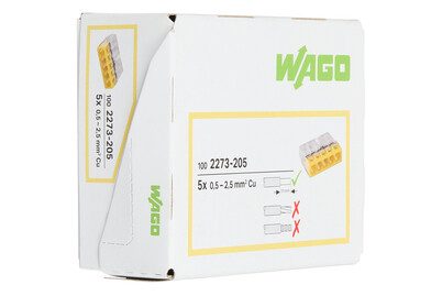 WAGO, WAGO 2273-205-100 2273 Dosenklemme flexibel: 0.5-2.5 mm² starr: 0.5-2.5 mm² Polzahl: 5 100 St. Transparent, Gelb Piece