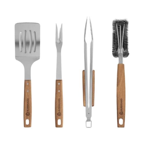 Burnhard, Burnhard Grillbesteck Akazienholz 4-tlg. [42 cm] – Grillzange/Grillbesteck – silber