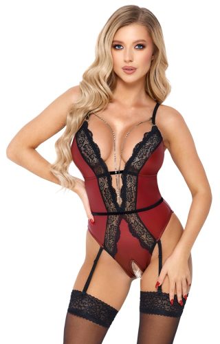 Abierta Fina, Body ouvert mit Strapsen, edler roter Mattlook mit schwarzer Spitze