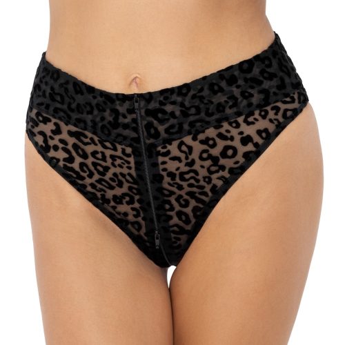 Noir, Slip aus Stretch-Feinnetz mit Leo-Samtflockprint