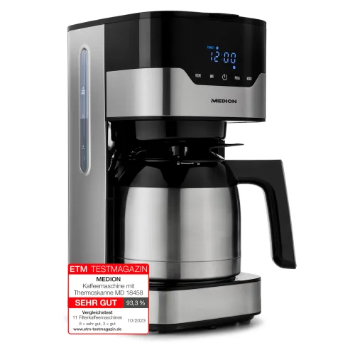 Medion, MEDION Kaffeemaschine mit Thermoskanne MD 18458, Timer-Funktion, Tropf-Stopp, 900 Watt, 1,1 Liter Fassungsvermögen, Aromawahlschalter