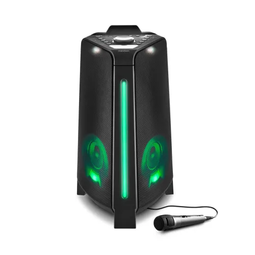 MEDION LIFE® P61552 Partylautsprecher, tragbares Bluetooth® Soundsystem mit PLL-UKW Stereo Radio, raumfüllender Klang dank innovativem Designs, TWS-Funktion, verschiedene Lichteffekte, 2 x 22 W RMS