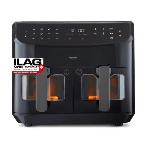MEDION LIFE P20 XXL Twin Doppelzonen-Heißluftfritteuse MD 11760 schwarz, 100 Rezepte in der Life+ App, 2 separate Garzonen, 9 Automatikprogramme, 8,7 L Gesamt-Nutzinhalt, 2.600 Watt, Temperatur einstellbar bis 200 °C