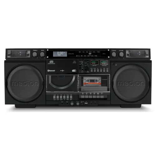 MEDION LIFE P66538 Retro-Boombox schwarz, DAB+/PLL-UKW Radio, Bluetooth® 5.3 für das Abspielen von Smartphone & Co, CD-Player, Kassettendeck, X-Bass Funktion, 2 x 10 W RMS