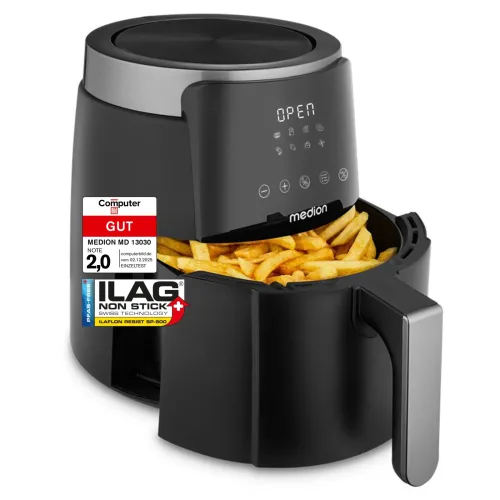 MEDION LIFE HeißluftFritteuse P40 L (MD13030) schwarz, +100 Rezepte in der Life+ App¹, Touch-Sensor- Bedienfeld, 4,7 Liter Fassungsvermögen, 8 Automatikprogramme,1.500 Watt, 60 min. Timer, PFAS-freie Antihaft-Beschichtung