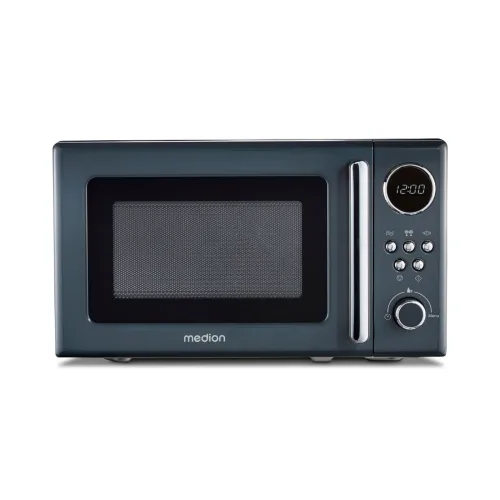 Medion, MEDION Retro-Mikrowelle MD 15000 grau, grau, 800 W Leistung, 20 L kompakt, 5 Mikrowellenstufen, Auftaufunktion, Timerfunktion, stilvolles Retro-Design