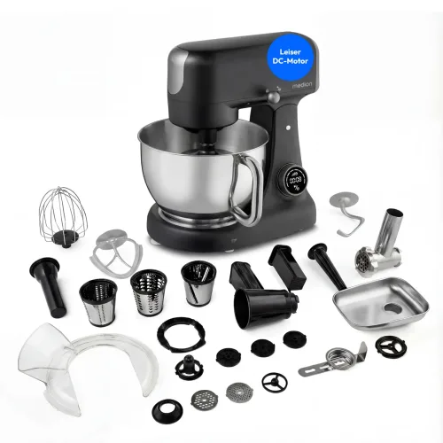 MEDION LIFE Digitale Küchenmaschine MD12600 schwarz, 800 W Gleichstrommotor, Energiesparend, Ultraleise, Digitales Sensor-Touch-Display, 4,6 L Edelstahlschüssel, Inkl. Fleischwolf
