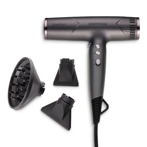 Medion, MEDION LIFE HD2 Haartrockner mit Ionen-Technologie grau, 1.500 Watt, Selbstreinigungsfunktion, Vielseitige Aufsätze: Stylingdüsen und Diffusor, 3 Temperatur- und 3 Luftstromstufen
